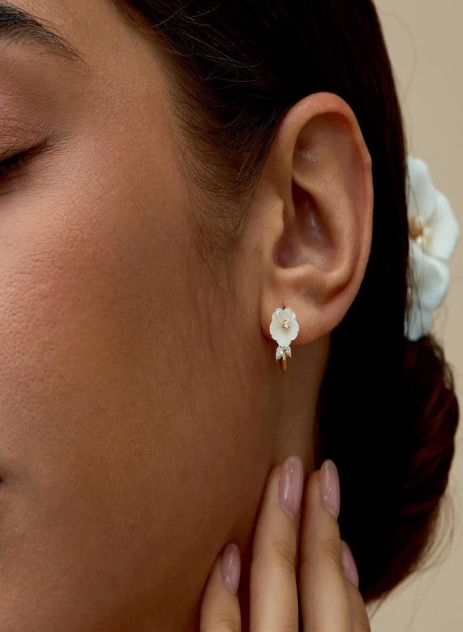 VLINRAS Mother of Pearl Flower Hoop Earrings, Dainty Floral Gold Huggie Earrings, Bridal Earrings Bridesmaid Gift - Image 5
